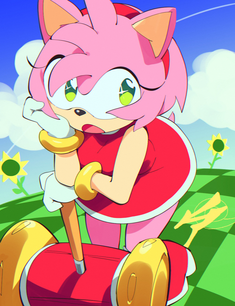 1girl aetherion amy_rose animal_nose bracelet cloud dress flower furry furry_female gloves green_eyes hairband hammer highres jewelry leaning_forward open_mouth red_dress red_hairband sky solo sonic_(series) white_gloves