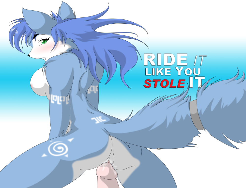 anthro blue_fur blue_hair blush breasts butt canine clenched_teeth cum disembodied_penis duo english_text female fox fur gradient_background green_eyes hair humanoid_penis krystal long_hair looking_at_viewer looking_back male mammal markings nintendo nude penis pussy sex side_boob star_fox straight teeth text video_games white_fur yiffmasters