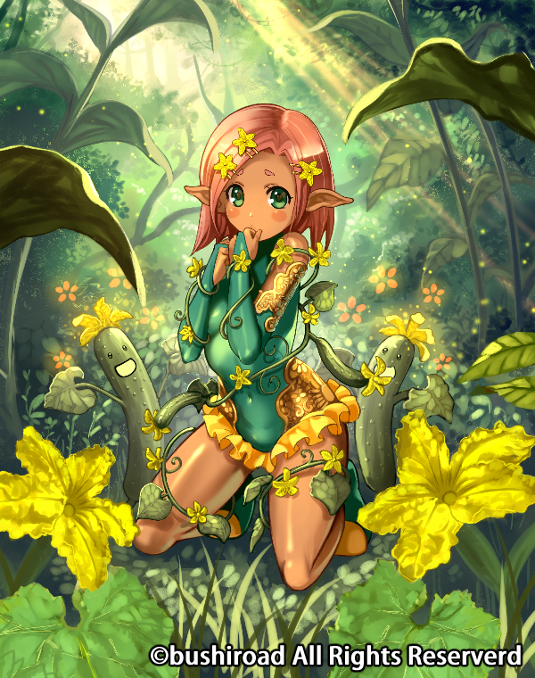 \o/ ankle_boots arms_up bangs bare_shoulders blurry blush_stickers boots breasts bridal_gauntlets cardfight!!_vanguard clenched_hands company_name covered_navel cucumber dark_skin day depth_of_field embarrassed flower forest frilled_leotard frills full_body green_eyes green_footwear green_leotard grin hair_flower hair_ornament hairclip halterneck hand_to_own_mouth hands_together hands_up happy i-la kneeling leaf legs_apart leotard light_particles light_rays long_pointy_ears looking_at_viewer maiden_of_cucumber nature official_art on_ground outdoors outstretched_arms pink_hair plant pointy_ears short_eyebrows short_hair skin_tight small_breasts smile solo straight_hair sunbeam sunlight swept_bangs thighs tree turtleneck vines yellow_flower