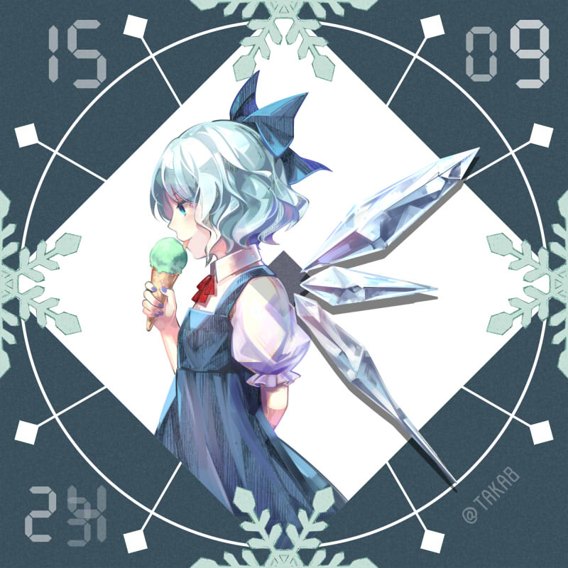 bad_id bad_pixiv_id banned_artist blue_bow blue_dress blue_eyes blue_hair bow cirno commentary_request dress food from_side hair_bow ice ice_cream ice_cream_cone ice_wings neck_ribbon profile puffy_short_sleeves puffy_sleeves red_ribbon ribbon short_hair short_sleeves solo touhou upper_body wings yuge_mugito