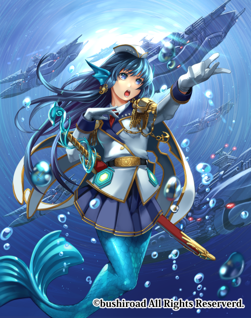 blue_eyes blue_hair blue_storm_battle_princess_doris bubble cardfight!!_vanguard company_name earrings gloves hat head_fins i-la jacket_on_shoulders jewelry long_hair mermaid military military_uniform monster_girl necktie official_art open_mouth solo submarine sword teeth underwater uniform watercraft weapon