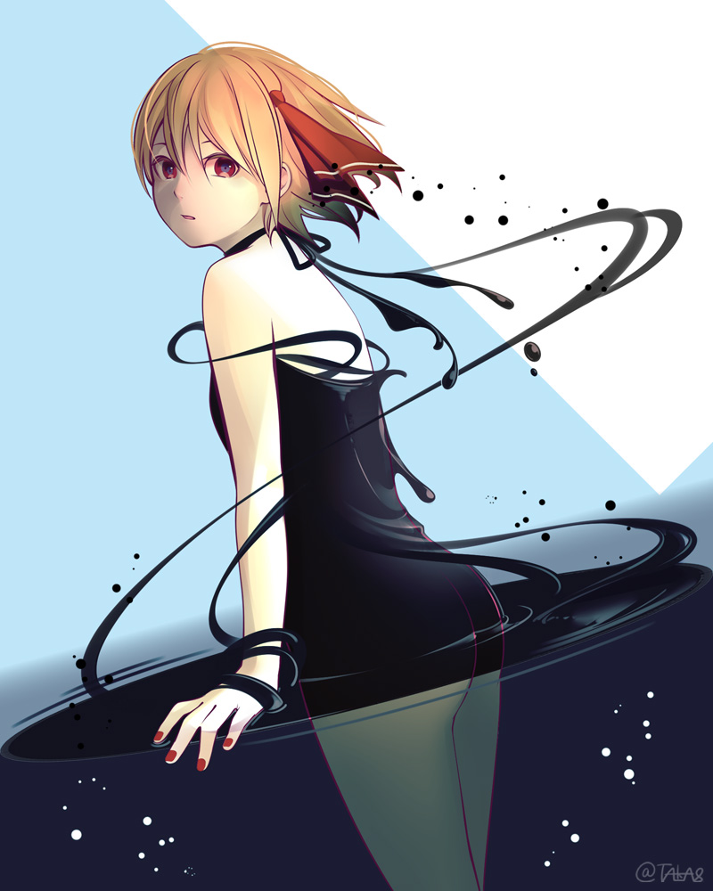 alternate_costume ass bad_id bad_pixiv_id banned_artist bare_arms bare_shoulders black_dress blonde_hair commentary_request cowboy_shot darkness dress from_side hair_ribbon liquid_clothes looking_at_viewer looking_to_the_side microdress nail_polish red_eyes red_nails red_ribbon ribbon rumia short_hair solo thighs touhou twitter_username wading yuge_mugito