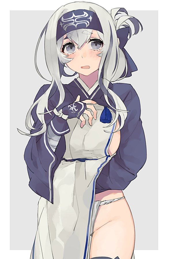 ainu ainu_clothes bandana black_legwear blue_eyes blush breasts commentary_request cropped_jacket folded_ponytail fundoshi hand_under_clothes headband hita_(hitapita) japanese_clothes kamoi_(kantai_collection) kantai_collection large_breasts long_hair long_sleeves looking_at_viewer open_mouth sideboob sidelocks simple_background solo thick_eyebrows thighhighs underwear white_background white_hair wrist_guards