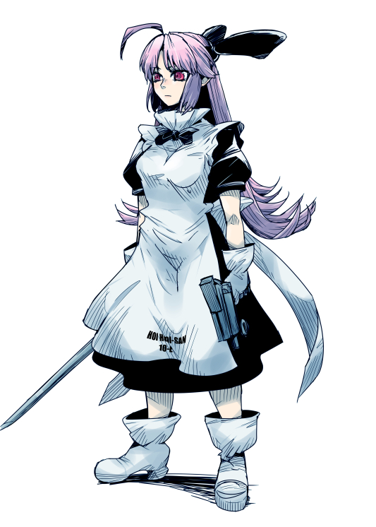 ahoge alternate_height boots bow commentary_request dress dual_wielding fujita_kakuji gloves gun handgun hoihoi-san holding ichigeki_sacchuu!!_hoihoi-san long_hair maid pink_hair purple_eyes solo weapon