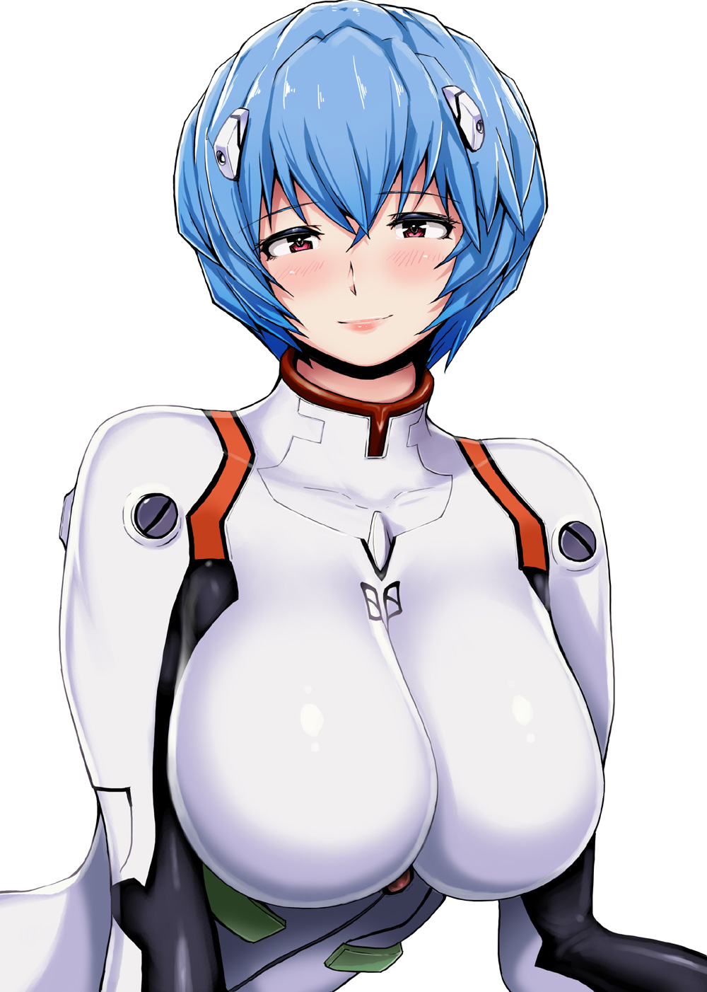 ao_madoushi ayanami_rei blue_hair bodysuit breasts highres large_breasts light_smile looking_at_viewer neon_genesis_evangelion plugsuit red_eyes short_hair simple_background solo white_background