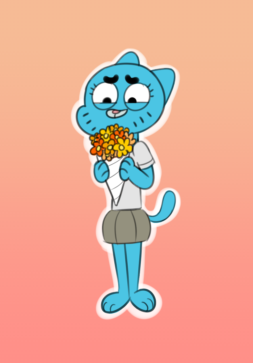 2017 anthro barefoot blue_fur cartoon_network cat cerealkat clothing digital_media_(artwork) eyelashes feline female flower fur holidays looking_pleasured mammal mother's_day nicole_watterson plant shirt simple_background skirt smile solo standing the_amazing_world_of_gumball whiskers