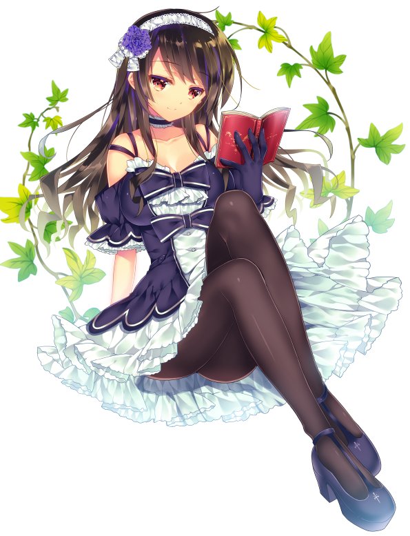 ariko_youichi bare_shoulders black_legwear book breasts choker cleavage commentary_request dress gloves hairband leaf light_smile long_hair medium_breasts original pantyhose solo