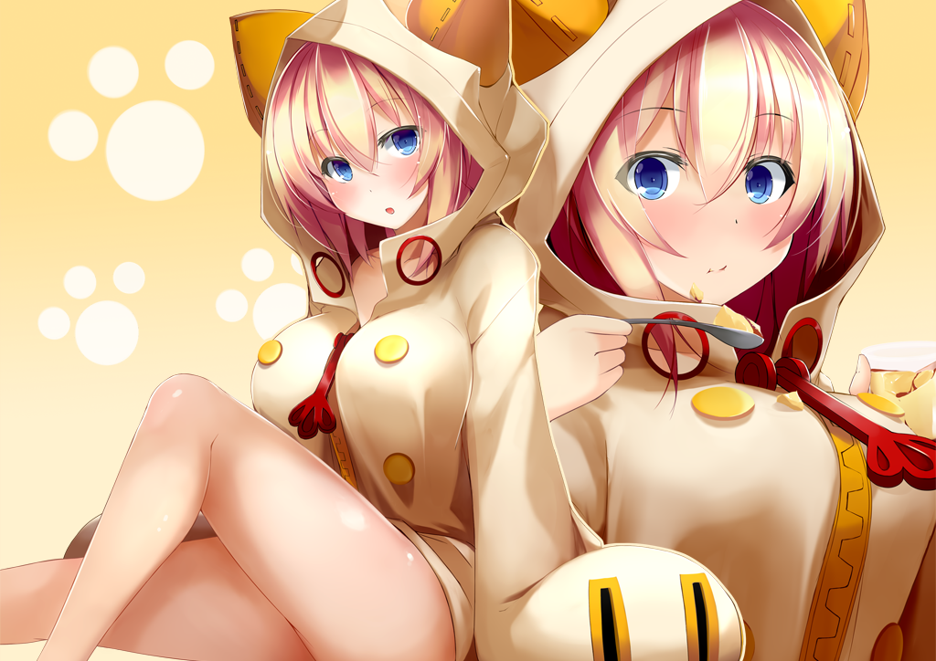 :o animal_hood bangs blazblue blonde_hair blue_eyes blush breasts buttons cake cat_hood commentary_request cosplay dd_mayohara eating es_(xblaze) food hood hoodie large_breasts long_sleeves looking_at_viewer multiple_views sitting taokaka taokaka_(cosplay) thighs xblaze xblaze_code:_embryo zipper