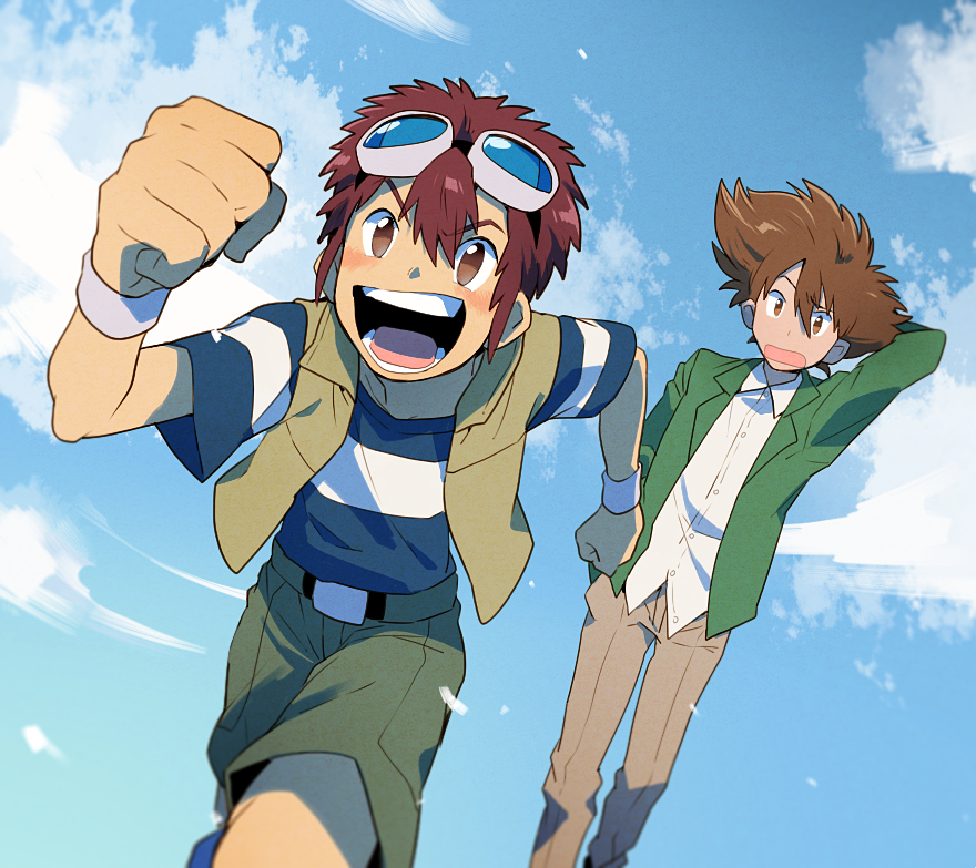 :d arm_behind_head blazer blue_shirt blush brown_eyes brown_hair brown_pants brown_shorts brown_vest cloud cloudy_sky day digimon digimon_adventure_02 dutch_angle goggles goggles_on_head green_jacket hair_between_eyes hand_in_pocket jacket male_focus motomiya_daisuke multiple_boys odaiba_middle_school_uniform open_clothes open_mouth open_vest pants red_hair running school_uniform shirt short_hair short_sleeves shorts sky smile striped striped_shirt t_k_g v-shaped_eyebrows vest white_shirt wristband yagami_taichi