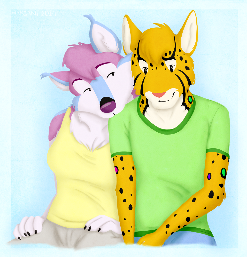 anthro blue_background blue_fur breasts canine claws clothed clothing cute duo feline female fully_clothed fur hair hair_tuft hybrid jeans male mammal marjani marjani_(character) nails ocelot pants pink_nose purple_fur purple_hair purple_nose shirt simple_background sitting smile spots stripes uri white_fur wolf wolfcat yellow_fur