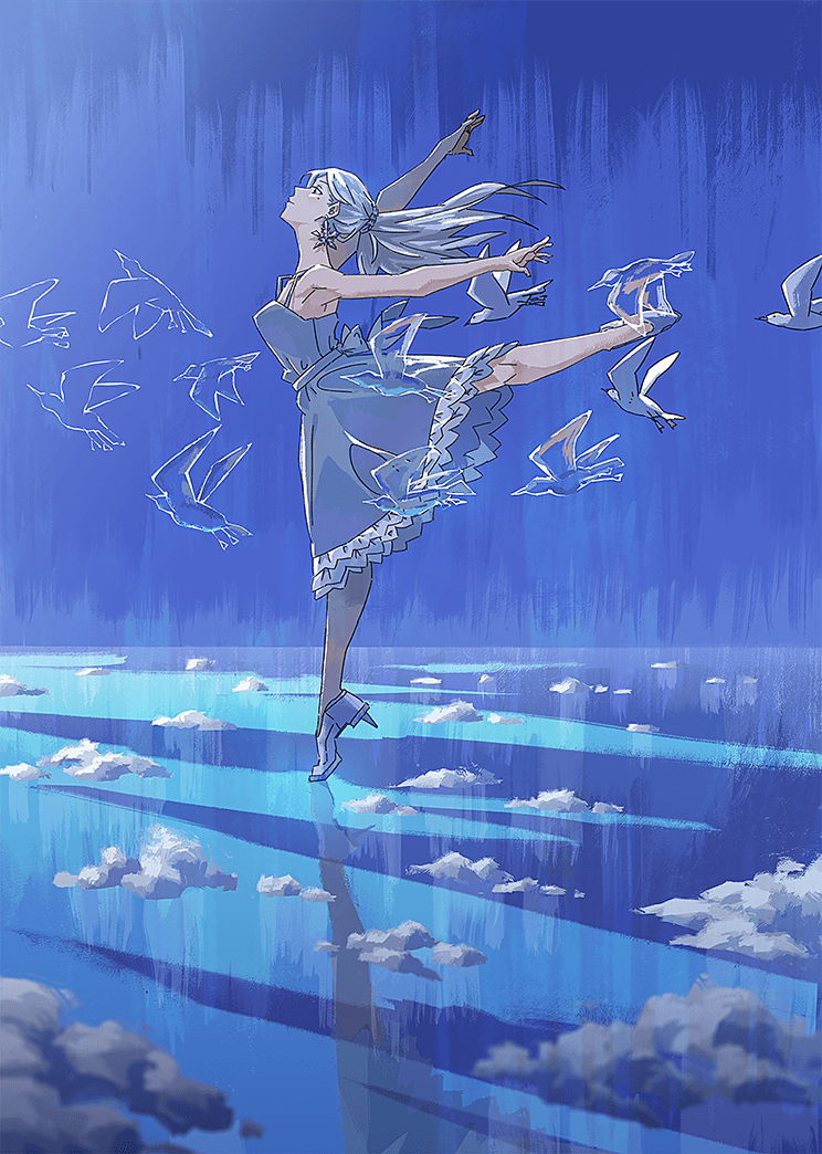 agas_(vpwt7475) bird blue_background cloud commentary_request dancing dress high_heels long_hair original reflection tied_hair white_hair