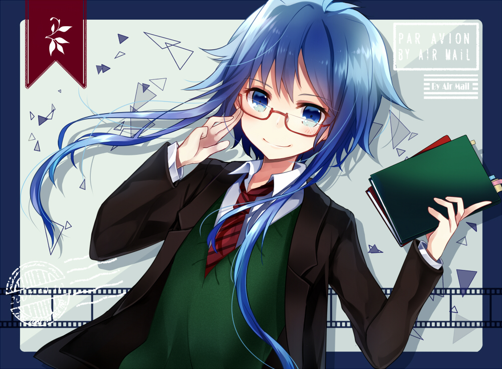 adjusting_eyewear bangs blazer blue_eyes blue_hair book closed_mouth collared_shirt commentary_request eyebrows_visible_through_hair floating_hair glasses hands_up holding holding_book jacket kusada_souta looking_at_viewer necktie open_blazer open_clothes open_jacket original red-framed_eyewear red_neckwear school_uniform semi-rimless_eyewear shirt short_hair_with_long_locks smile solo striped striped_neckwear under-rim_eyewear upper_body vest white_shirt