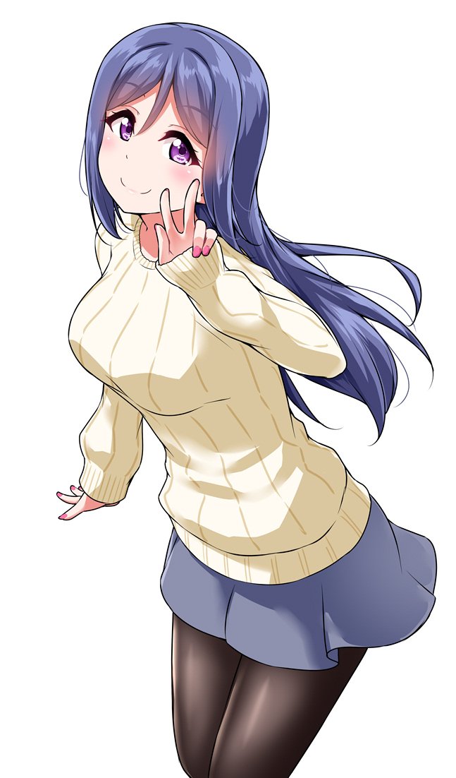 10s 1girl black_legwear blue_hair blue_skirt blush commentary_request hair_down hand_up long_hair long_sleeves looking_at_viewer love_live! love_live!_sunshine!! matsuura_kanan miniskirt nail_polish pantyhose pink_nails purple_eyes ribbed_sweater simple_background skirt sleeves_past_wrists smile solo standing sweater w white_background yellow_sweater yopparai_oni