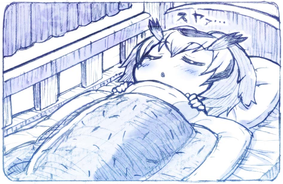bed bed_sheet blue closed_eyes commentary_request curtains kemono_friends monochrome northern_white-faced_owl_(kemono_friends) pillow sakino_shingetsu short_hair sleeping solo