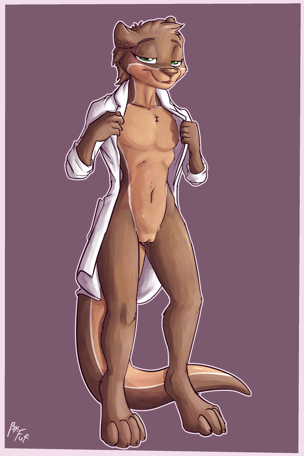 aaliyah_(oc) anthro breasts clothed clothing female flat_chested fuf lab_coat mammal mustelid open_shirt otter pussy