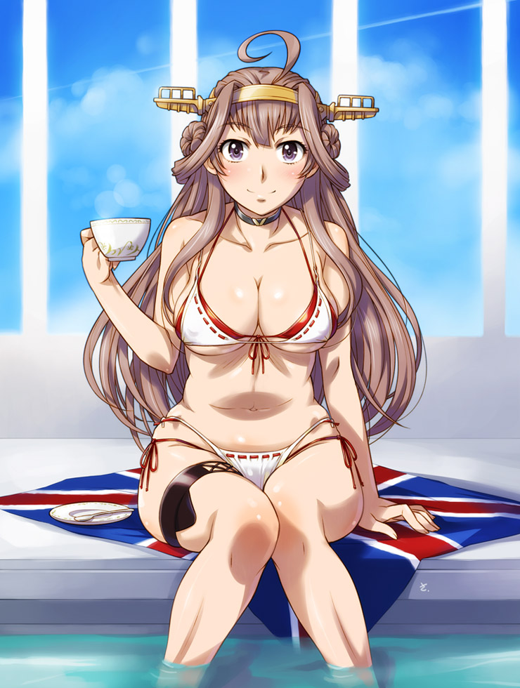 ahoge arm_support bikini blush breasts brown_hair choker cleavage collarbone commentary_request cup double_bun eyebrows_visible_through_hair flag front-tie_top hairband holding kantai_collection knees_together_feet_apart kongou_(kantai_collection) layered_bikini long_hair looking_at_viewer medium_breasts navel purple_eyes red_bikini ribbon-trimmed_bikini sameha_ikuya saucer side-tie_bikini sitting soaking_feet solo spoon swimsuit swimsuit_under_swimsuit teacup thigh_strap union_jack very_long_hair water white_bikini