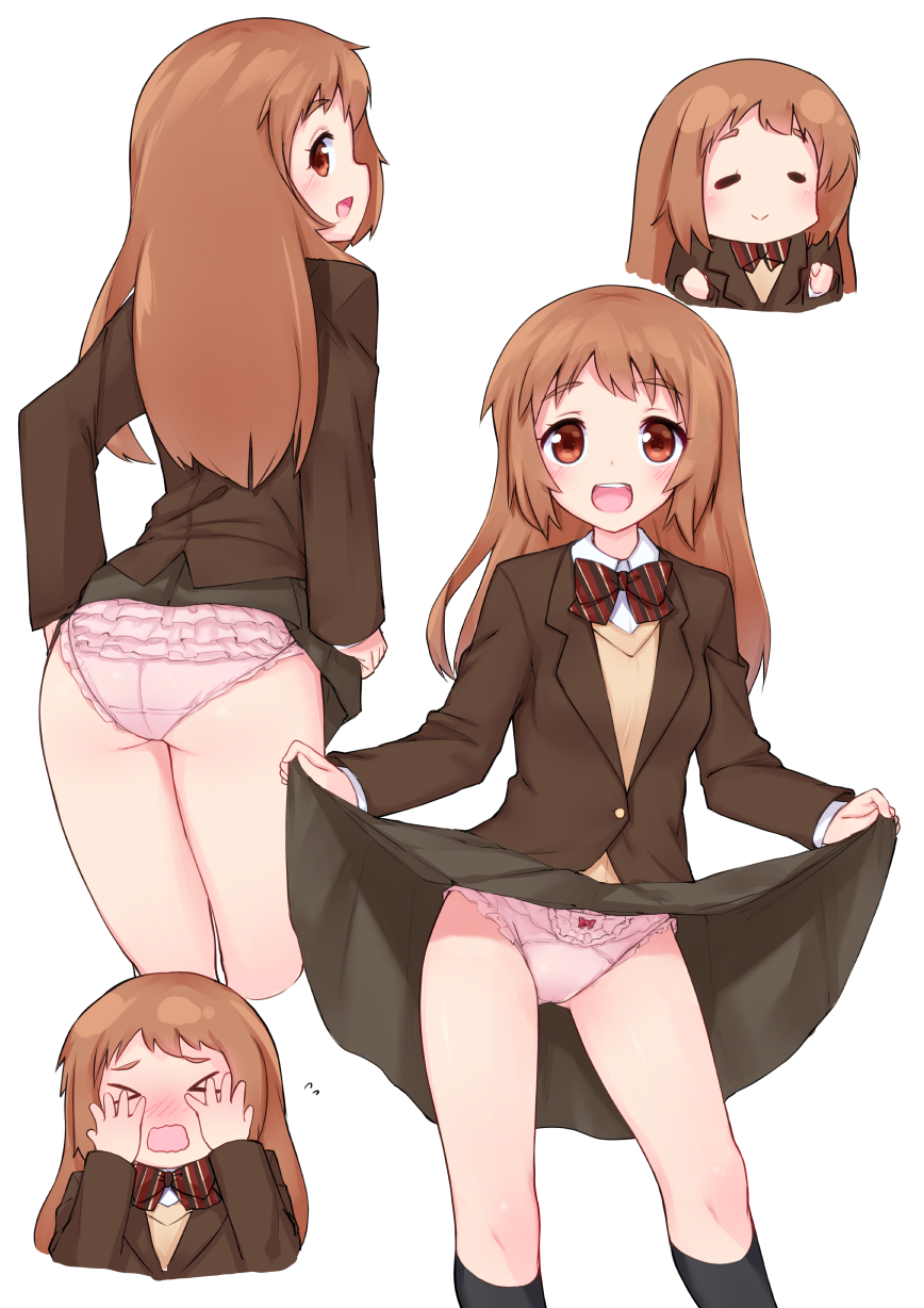 &gt;_&lt; :&gt; :d a_channel ass black_jacket black_legwear black_skirt blazer blush bow bow_panties bowtie brown_eyes brown_hair chibi clenched_hands closed_eyes collared_shirt debutya_aki embarrassed eyebrows_visible_through_hair flying_sweatdrops frilled_panties frills hands_on_own_cheeks hands_on_own_face heart highres hira-chan jacket kneehighs long_hair long_sleeves looking_at_viewer motion_lines multiple_views nose_blush open_mouth panties pink_panties pleated_skirt profile school_uniform shirt sideways_mouth skirt skirt_lift smile standing striped striped_bow striped_neckwear sweater_vest underwear wavy_mouth white_background white_shirt wing_collar