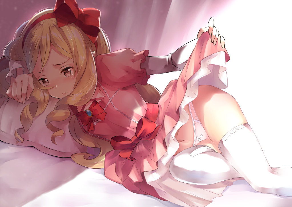 bad_anatomy bad_perspective bed_sheet blonde_hair blush bow bowtie brooch commentary_request curtains dress dress_lift drill_hair embarrassed eromanga_sensei gem hair_bow hairband jewelry layered_sleeves long_hair long_sleeves looking_away looking_to_the_side navel on_bed panties pillow pink_dress puffy_short_sleeves puffy_sleeves red_bow red_eyes red_hairband red_neckwear rin2008 short_over_long_sleeves short_sleeves simple_background solo stomach thighhighs underwear very_long_hair white_background white_legwear white_panties yamada_elf