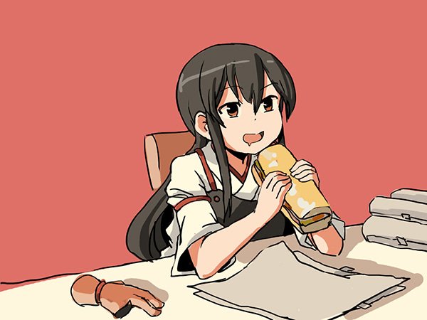 adrian_ferrer akagi_(kantai_collection) black_hair brown_eyes commentary drooling food gloves gloves_removed japanese_clothes kantai_collection muneate open_mouth partly_fingerless_gloves sandwich smile solo submarine_sandwich upper_body wrapper yugake