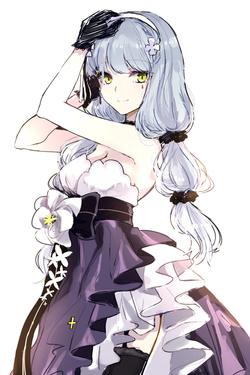 bangs bare_shoulders black_gloves black_legwear breasts cleavage closed_mouth dress eyebrows_visible_through_hair facial_mark flower from_side garter_straps girls_frontline gloves green_eyes grey_hair hair_flower hair_ornament hairband hand_on_head highres hk416_(girls_frontline) light_blue_hair long_hair looking_at_viewer medium_breasts purple_dress retto simple_background smile solo teardrop thighhighs tsurime twintails white_background