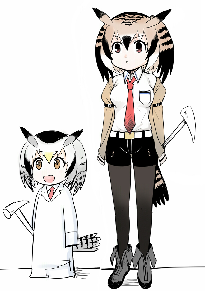 :d belt black_footwear black_hair black_legwear black_shorts blonde_hair boots breast_pocket breasts brown_eyes brown_hair collared_shirt cosplay eurasian_eagle_owl_(kemono_friends) eyebrows_visible_through_hair full_body grey_hair hair_between_eyes head_wings height_difference kemono_friends labcoat makise_kurisu makise_kurisu_(cosplay) medium_breasts multicolored_hair multiple_girls namesake necktie nichijou northern_white-faced_owl_(kemono_friends) open_mouth oversized_clothes pantyhose parted_lips pocket professor_shinonome professor_shinonome_(cosplay) red_neckwear shirt shorts simple_background smile standing steins;gate tail_feathers trait_connection white_background white_hair white_shirt wing_collar y.ssanoha