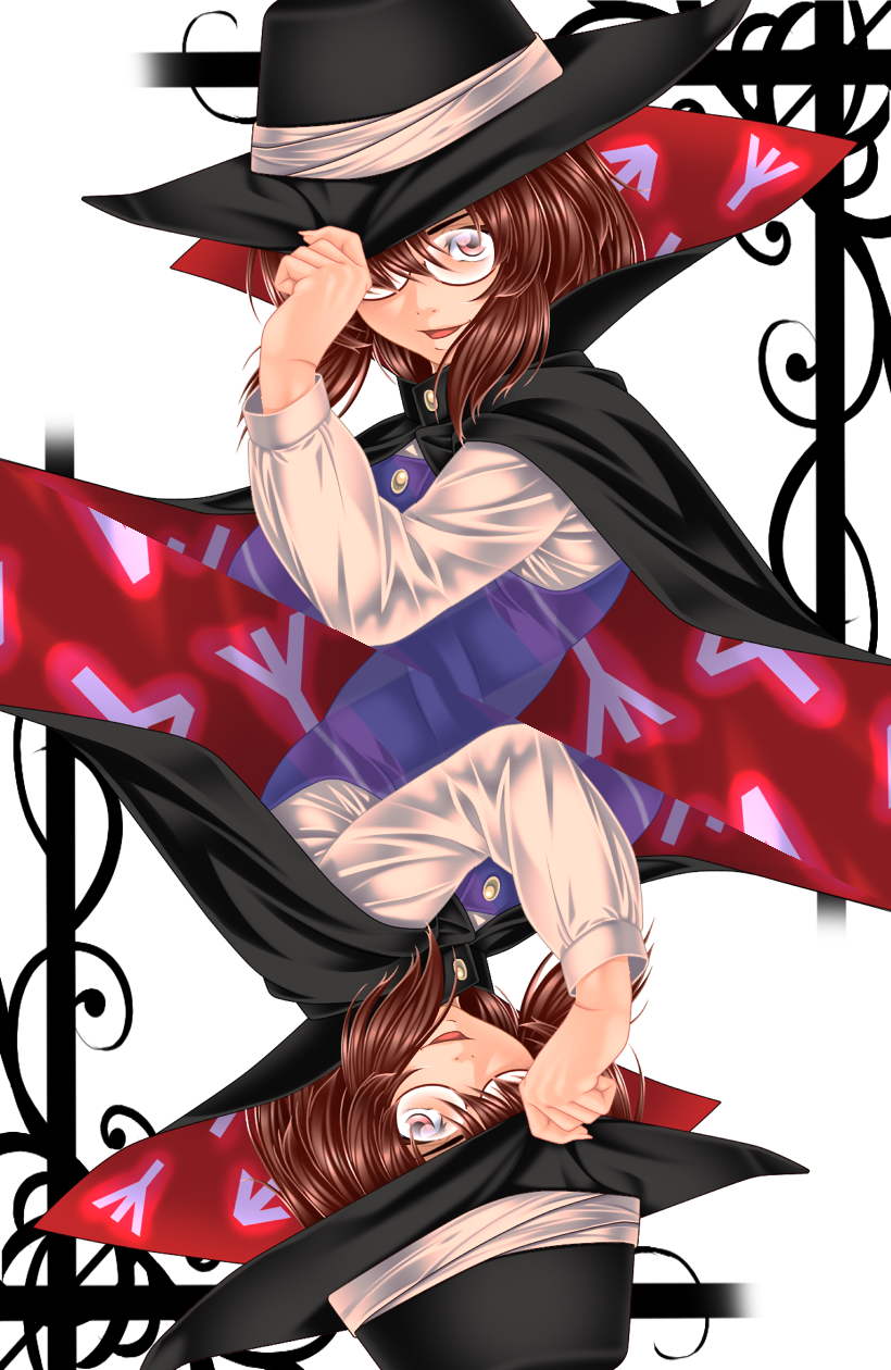 &gt;:) bangs brown-framed_eyewear brown_eyes brown_hair cape card clothes_writing commentary_request fedora glasses hair_over_one_eye hat highres long_sleeves looking_at_viewer parted_lips playing_card puffy_long_sleeves puffy_sleeves rotational_symmetry short_hair sidelocks smile touhou upper_body usami_sumireko v-shaped_eyebrows yoiti