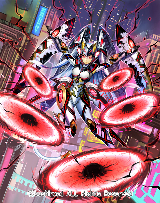 armor armored_boots bodysuit boots building cardfight!!_vanguard cherokee_(1021tonii) company_name gloves glowing glowing_eyes gyre_flower_dar_chakram hat long_hair official_art red_eyes solo white_hair