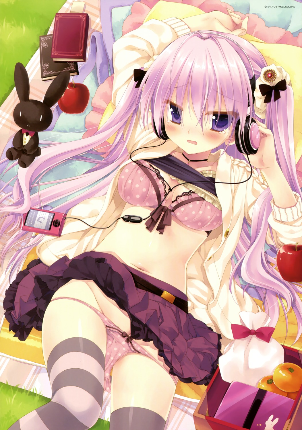 apple beamed_sixteenth_notes blush book bow bow_panties bra cardigan copyright digital_media_player food fruit headphones highres long_hair long_sleeves looking_at_viewer lying melonbooks miyasu_risa musical_note on_back open_cardigan open_clothes open_mouth original panties panty_pull pink_hair pleated_skirt polka_dot polka_dot_bra polka_dot_panties purple_eyes sack skirt solo striped striped_legwear stuffed_animal stuffed_bunny stuffed_toy tears thighhighs twintails underwear