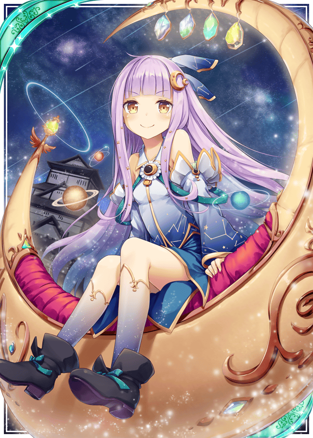 akkijin bare_shoulders blue_dress blush boots card choker dress eyebrows eyebrows_visible_through_hair gem jewelry kneehighs long_hair looking_at_viewer moon_(ornament) night night_sky official_art outdoors pagoda planet purple_hair shinkai_no_valkyrie sitting sky smile solo thighs yellow_eyes