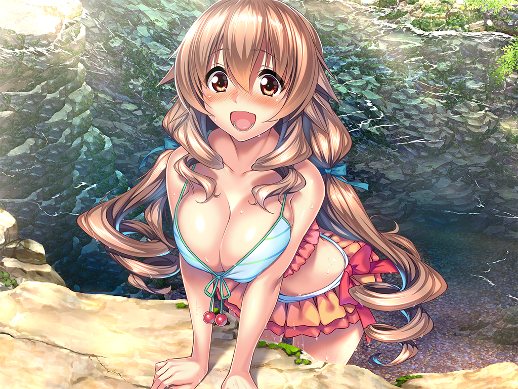 amakano arm_support bikini bikini_skirt breasts brown_eyes brown_hair game_cg hoshikawa_koharu large_breasts long_hair official_art open_mouth outdoors piromizu solo striped striped_bikini swimsuit twintails water wet