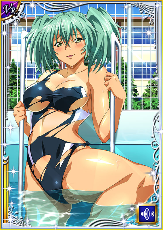 1girl breasts card_(medium) female green_eyes green_hair ikkitousen large_breasts looking_at_viewer one-piece_swimsuit ryofu_housen shiny_skin smile swimsuit twintails water