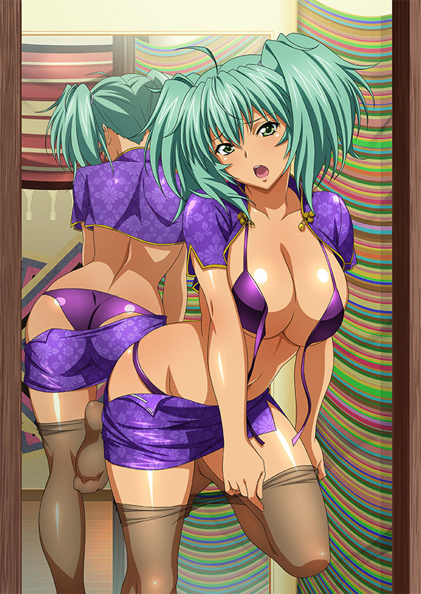 1girl ass bare_legs breasts curvy dark_skin female green_eyes green_hair ikkitousen large_breasts looking_at_viewer ryofu_housen shiny_skin torn_clothes twintails underwear