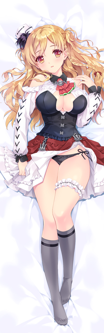 anchor_symbol ascot bangs bare_shoulders bed_sheet black_panties blonde_hair braid breasts carnelian cleavage cleavage_cutout collared_shirt corset dakimakura eyebrows_visible_through_hair fingernails french_braid from_above full_body grey_legwear hair_ornament hair_ribbon hand_up hat head_tilt highres kantai_collection large_breasts layered_skirt long_hair long_sleeves looking_at_viewer lying mini_hat no_shoes on_back panties parted_lips red_eyes red_ribbon red_skirt remodel_(kantai_collection) ribbon shiny shiny_hair shirt side-tie_panties side_braid skirt skirt_lift smile socks solo thigh_strap thighs underwear wavy_hair white_hat white_shirt white_skirt zara_(kantai_collection)