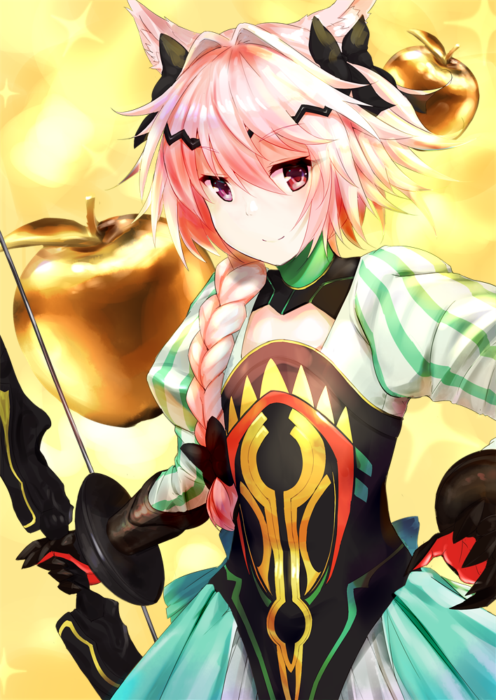 apple astolfo_(fate) atalanta_(fate) atalanta_(fate)_(cosplay) bare_shoulders blush bow_(weapon) braid cosplay fate/apocrypha fate_(series) food fruit golden_apple hair_ribbon juliet_sleeves long_hair long_sleeves looking_at_viewer male_focus otoko_no_ko p_answer pink_hair puffy_sleeves purple_eyes ribbon single_braid smile solo weapon