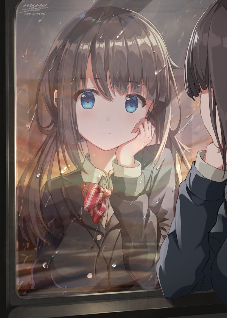 :| arm_support bangs black_jacket blue_eyes blunt_bangs bow bowtie breasts brown_hair chin_rest closed_mouth collared_shirt earphones jacket long_hair long_sleeves looking_out_window medium_breasts original rain red_bow red_neckwear reflection rin_yuu school_uniform shirt signature train_interior twilight twitter_username water_drop window wistful
