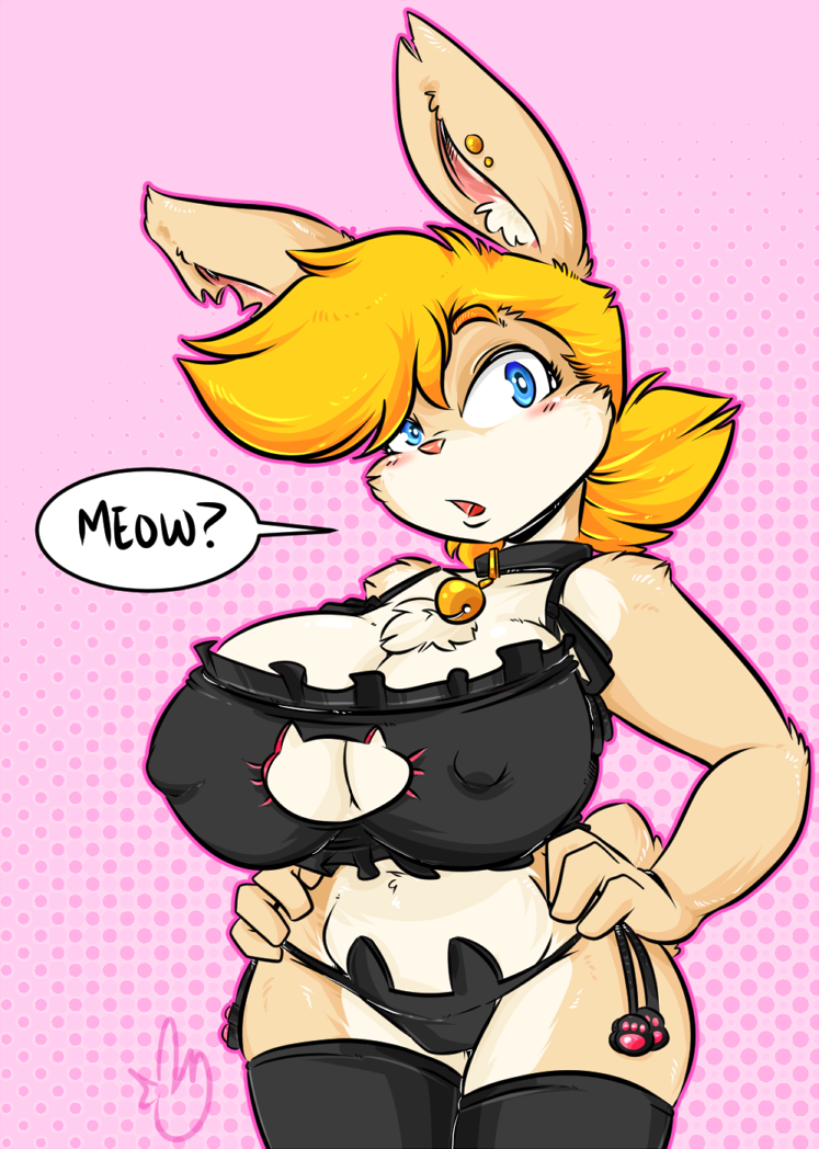 anthro bell big_breasts blonde_hair blue_eyes breasts brown_fur buzz_brambles_(pookahforhire) cat_lingerie clothing collar dialogue duckdraw female fur hair keyhole_lingerie lagomorph lingerie mammal nipple_bulge rabbit