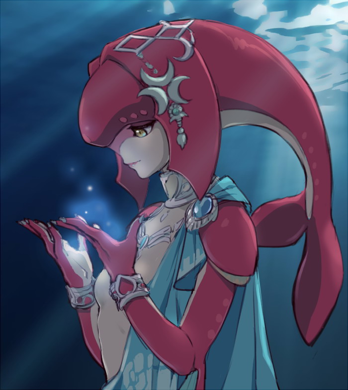 bracelet breasts cape fish_girl gem hair_ornament half-closed_eyes jewelry kisetsu light_smile lipstick makeup mipha monster_girl multicolored multicolored_skin navel necklace small_breasts smile solo submerged the_legend_of_zelda the_legend_of_zelda:_breath_of_the_wild underwater upper_body water yellow_eyes zora