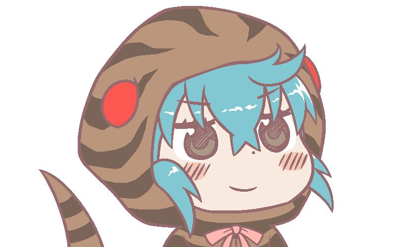 &gt;:) ahoge animal_hood aqua_hair bangs blush_stickers brown_eyes chibi closed_mouth crossed_bangs dot_nose eyebrows_visible_through_hair eyelashes flat_color gyaatee_(user_nctj4583) gyate_gyate hood hoodie jitome kemono_friends looking_at_viewer meme neck_ribbon pink_ribbon ribbon sidelocks smile snake_tail solo striped_hood striped_hoodie striped_tail tail transparent_background tsuchinoko_(kemono_friends) upper_body v-shaped_eyebrows