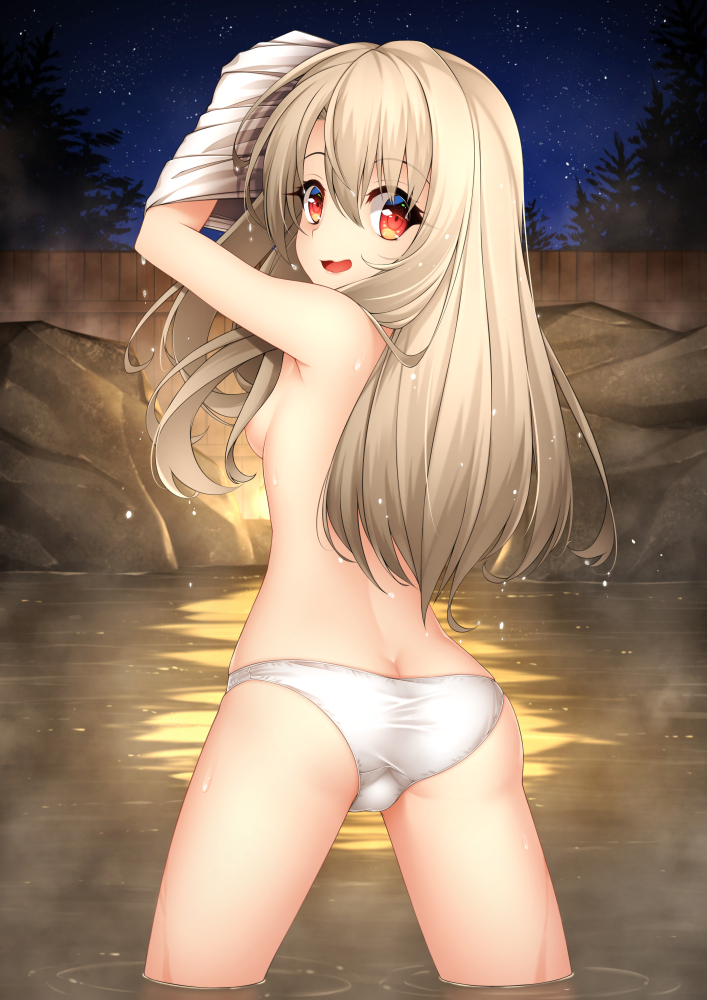areola_slip areolae ass back blonde_hair breasts butt_crack eyebrows_visible_through_hair fate/kaleid_liner_prisma_illya fate_(series) from_behind hair_censor hair_over_one_breast healther illyasviel_von_einzbern legs_apart long_hair looking_at_viewer looking_back night night_sky onsen open_mouth panties red_eyes rock shirt shirt_removed sideboob skindentation sky small_breasts solo star_(sky) starry_sky steam topless underwear underwear_only undressing wading water water_drop wavy_mouth wet wet_hair white_panties white_shirt