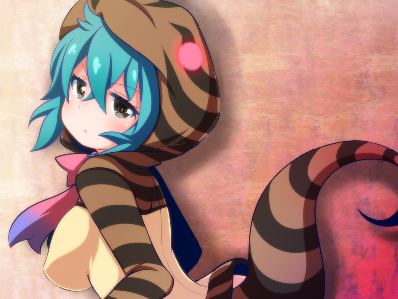 aqua_hair arched_back black_eyes blush breasts eyebrows_visible_through_hair from_side glowing glowing_eyes gradient_ribbon hair_between_eyes head_tilt hood kemono_friends looking_away medium_breasts oborotsuki_kakeru parted_lips pink_ribbon purple_ribbon red_eyes ribbon silhouette snake_tail solo striped_tail tail tsuchinoko_(kemono_friends)