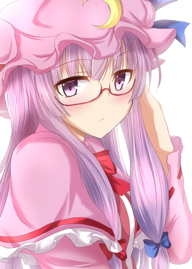 :&lt; bespectacled blue_bow blue_ribbon blush bow bowtie capelet close-up closed_mouth crescent eyebrows_visible_through_hair frills glasses hair_bow hand_in_hair hat hat_ribbon long_hair long_sleeves looking_at_viewer patchouli_knowledge pink_hat purple_eyes purple_hair ram_hachimin red-framed_eyewear red_bow red_neckwear red_ribbon ribbon ribbon-trimmed_sleeves ribbon_trim semi-rimless_eyewear sidelocks simple_background solo straight_hair striped touhou under-rim_eyewear upper_body vertical_stripes white_background