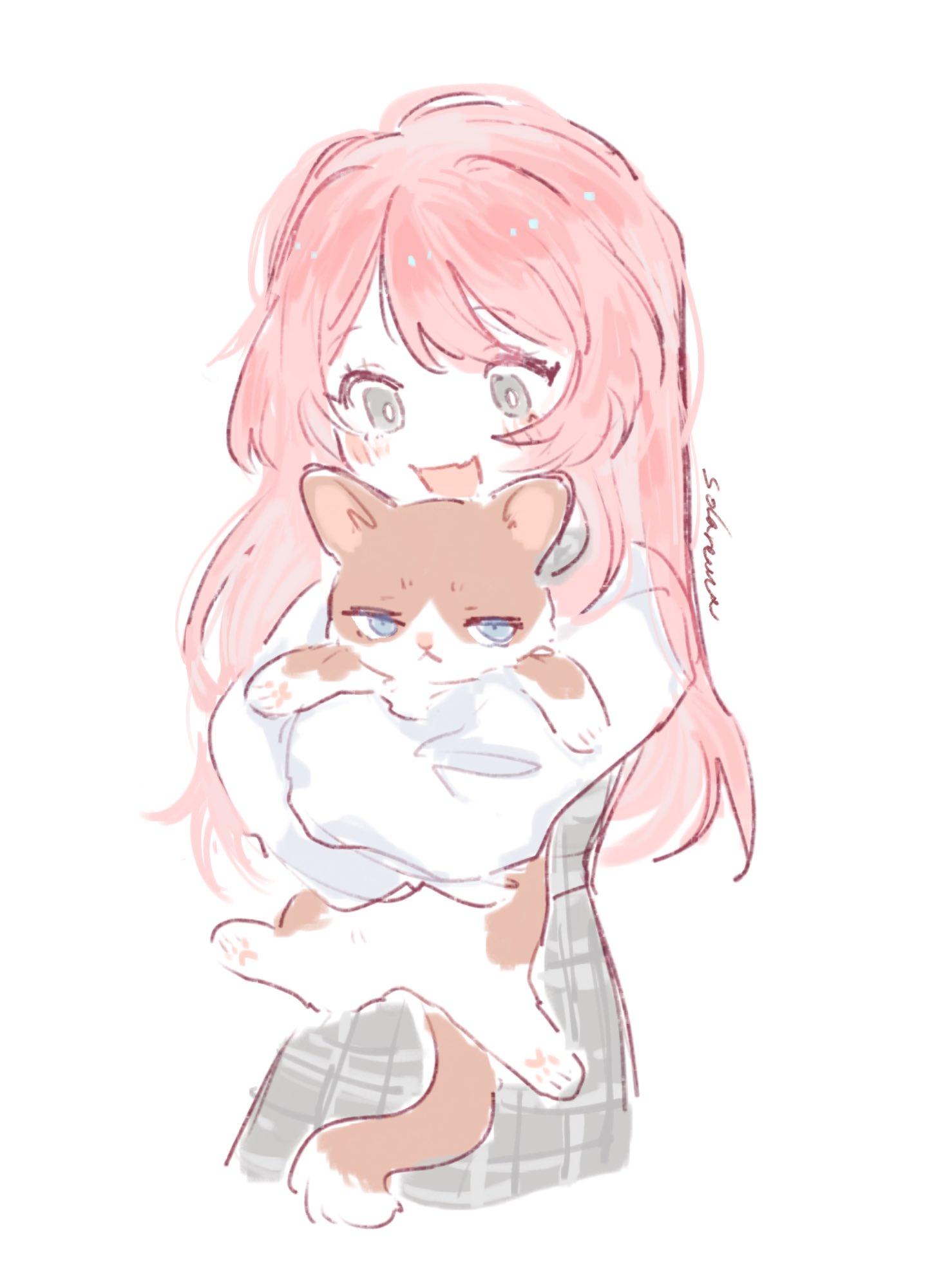 1girl animal animalization bang_dream! bang_dream!_it's_mygo!!!!! blush cat chihaya_anon chinese_commentary commentary_request dress grey_dress grey_eyes highres holding holding_animal holding_cat lazzydaphne long_hair nagasaki_soyo open_mouth pinafore_dress pink_hair plaid_clothes plaid_dress simple_background sleeveless sleeveless_dress solo white_background