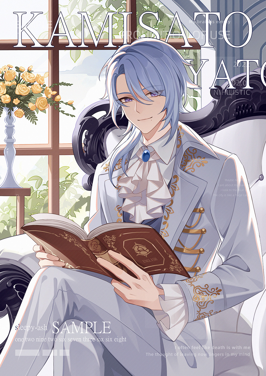 1boy alternate_costume armchair ascot blue_hair blue_vest book brooch chair character_name chinese_commentary closed_mouth crossed_legs curtained_hair day embroidery feet_out_of_frame flower formal_clothes frilled_sleeves frills genshin_impact hair_between_eyes hair_over_shoulder highres holding holding_book indoors jacket jewelry kamisato_ayato lapels long_sleeves looking_at_viewer male_focus medium_hair mole mole_under_mouth muntins notched_lapels open_book pants purple_eyes rose sample_watermark shirt sitting sleepy1292673668 smile solo suit vase vest watermark white_ascot white_jacket white_pants white_shirt white_suit window yellow_flower yellow_rose