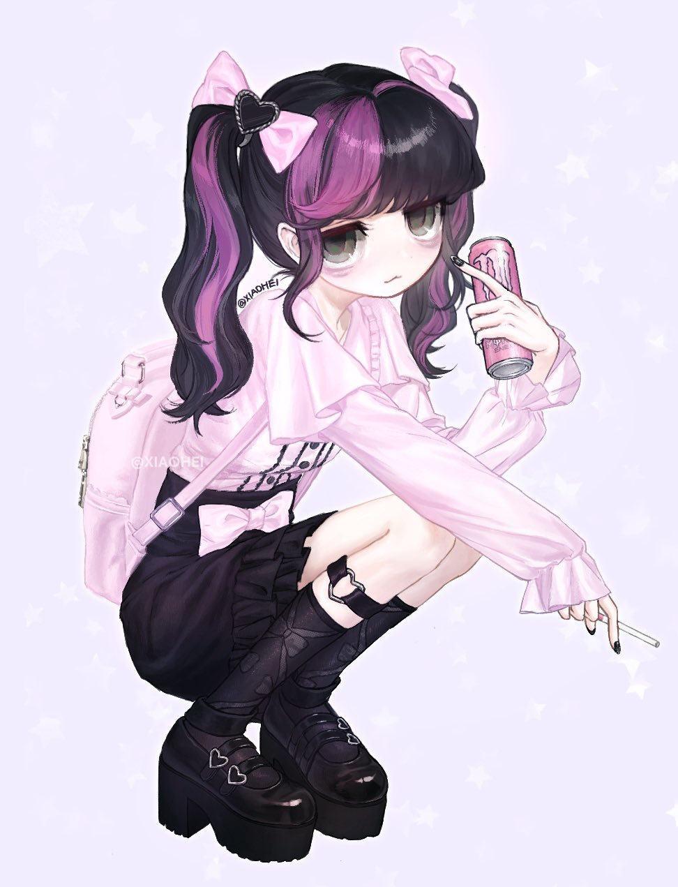 1girl aegyo_sal alternate_costume backpack bag bags_under_eyes black_hair black_nails black_shoes black_skirt black_socks bow can cigarette frilled_shirt frilled_skirt frilled_sleeves frills green_eyes hair_bow heart heart_o-ring high-waist_skirt highres holding holding_can holding_cigarette jirai_kei kuroki_tomoko long_hair long_sleeves looking_at_viewer monster_energy multicolored_hair o-ring pink_bag pink_bow pink_shirt platform_shoes purple_hair shin_strap shirt shoes skirt socks solo squatting streaked_hair twintails twitter_username two-tone_hair watashi_ga_motenai_no_wa_dou_kangaetemo_omaera_ga_warui! xi7197269767042