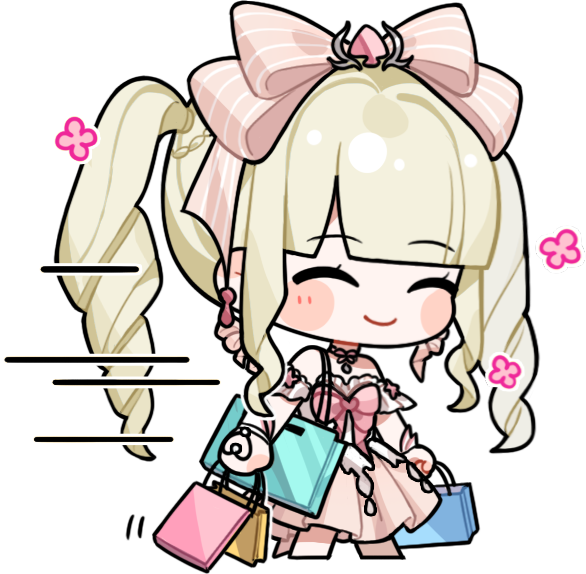 1girl ^_^ arm_ribbon artist_request bag bare_shoulders blonde_hair blunt_bangs blush_stickers bow bow_choker bowtie bracelet braid brooch chibi choker closed_eyes closed_mouth cropped_legs detached_sleeves dress drill_hair earrings eyelashes flower frilled_sleeves frills hair_bow hair_tie happy heart heart_brooch holding holding_bag infinity_nikki jewelry long_hair motion_lines nikki_(series) official_art pink_bow pink_bowtie pink_choker pink_dress pink_flower pink_ribbon pink_ribbon_waltz_(infinity_nikki) pink_wrist_cuffs pleated_dress ribbon running shell_hair_ornament shopping shopping_bag short_dress short_sleeves side_braid single_wrist_cuff smile solo speed_lines strapless strapless_dress striped_bow thighs transparent_background twin_drills twintails white_sleeves wrist_cuffs