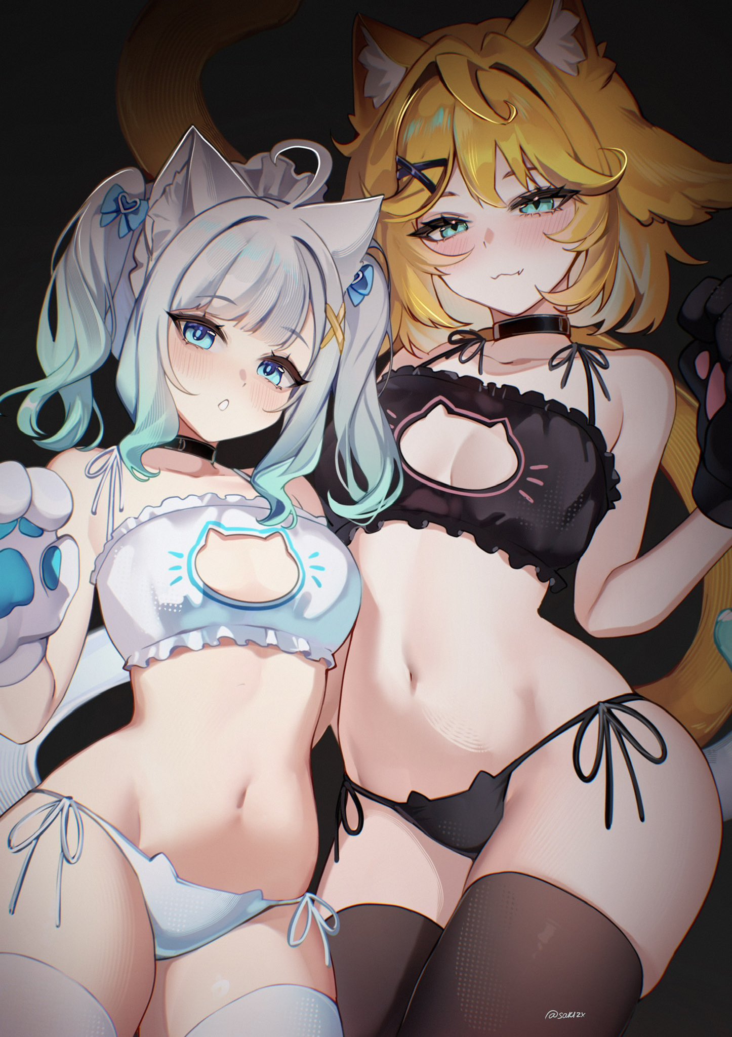 2girls animal_ears animal_hands black_bra black_choker black_panties black_thighhighs blonde_hair blue_eyes blush bra breasts cat_cutout cat_ear_panties cat_ears cat_lingerie cat_tail choker cleavage_cutout clothing_cutout cowboy_shot dokibird_(vtuber) frilled_bra frills ghost_girl gloves gradient_hair green_eyes grey_hair hands_up highres indie_virtual_youtuber meme_attire mint_fantome multicolored_hair multiple_girls navel panties parted_lips paw_gloves sakichka side-tie_panties small_breasts stomach tail thighhighs two_side_up underwear underwear_only vignetting white_bra white_panties white_thighhighs