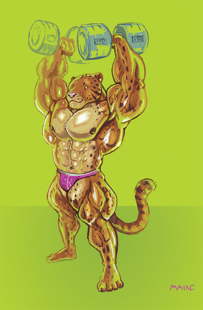 2012 abs anthro areola benji_(character) bulge clothed clothing clouded_leopard ear_piercing exercise feline green_eyes jockstrap mainlion male mammal muscular muscular_male nipples partially_clothed piercing smile solo underwear weightlifting weights workout