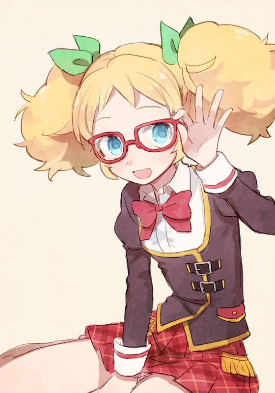 :d adjusting_eyewear aikatsu! aikatsu!_(series) bare_legs between_legs black_jacket blue_eyes blush bow bowtie buckle glasses green_ribbon hair_ribbon hand_between_legs jacket long_hair long_sleeves looking_at_viewer open_mouth plaid plaid_skirt pleated_skirt pocket red-framed_eyewear red_bow red_neckwear red_skirt ribbon saegusa_kii shiny shiny_hair simple_background sitting sketch skirt sleeve_cuffs smile solo soto tareme twintails yellow_background