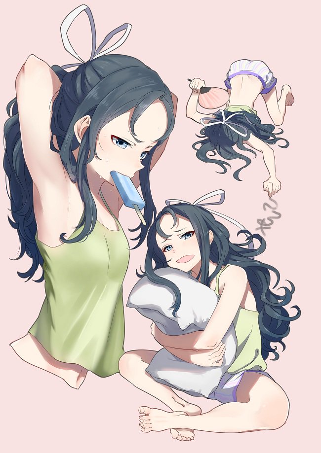 alternate_hairstyle armpits banned_artist black_hair blue_eyes camisole commentary_request dying_message fan food hair_between_eyes hair_ribbon high_ponytail ice_cream kantai_collection katsuragi_(kantai_collection) long_hair object_hug pillow ribbon shorts simple_background smile solo sweatdrop tachikoma_(mousou_teikoku) wavy_hair white_ribbon