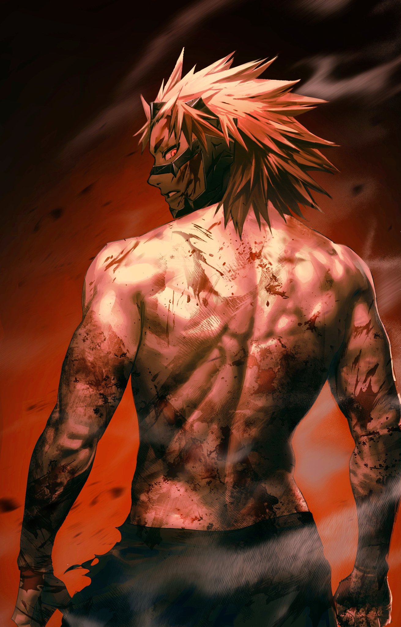 166_172 1boy back blood blood_on_arm blood_on_back blood_on_face boku_no_hero_academia headgear highres kirishima_eijiro looking_at_viewer looking_back male_focus mask medium_hair muscular muscular_male red_background red_eyes red_hair simple_background solo spiked_hair teeth topless_male upper_body